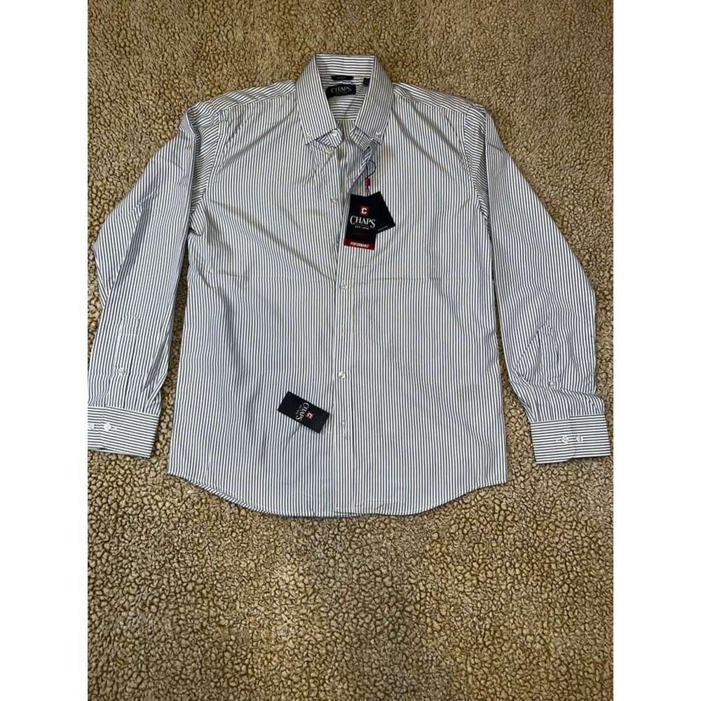 Chaps Mens Dress Shirt Medium 15-15.5 32/33 Slim Fit Blue Stripe Performance NWT